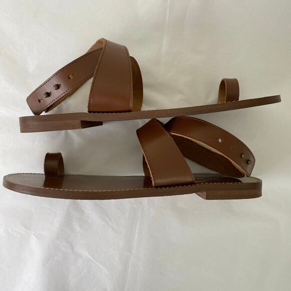 J. Crew Leather Ankle Wrap Sandals Size 10.5 Tan Brown Flat Minimalist Neutral - Picture 8 of 10
